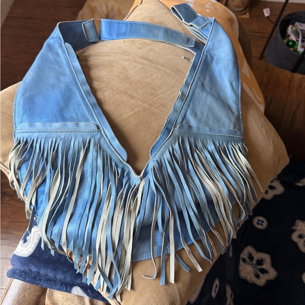 Sash Blue Leather Sling / Bag Crossbody Bag with fringe